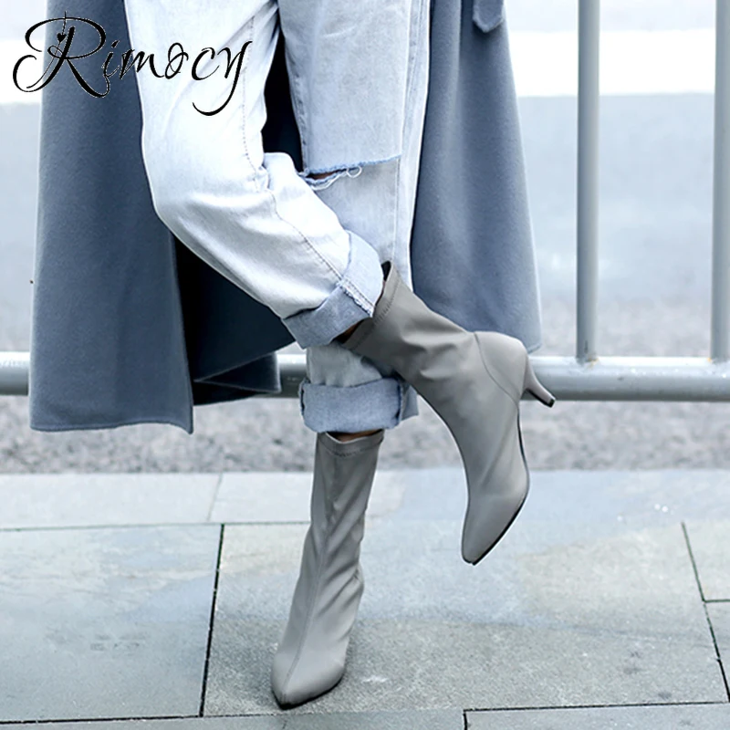 Rimocy/Лидер продаж; женские розовые ботинки; botas mujer; коллекция года; сезон осень; модные ботинки на шпильке без застежки из эластичной ткани; пикантная женская обувь с острым носком