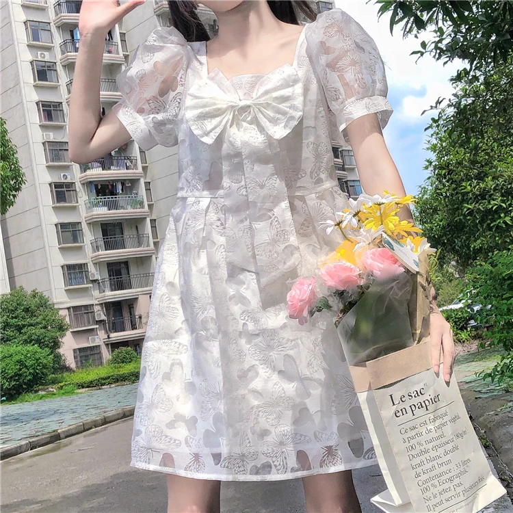 Japanese Summer Soft Girl Dress Sweet Square Collar Bow Cute Gauze Patchwork Puff Sleeve Dresses Kawaii White First Love Dress