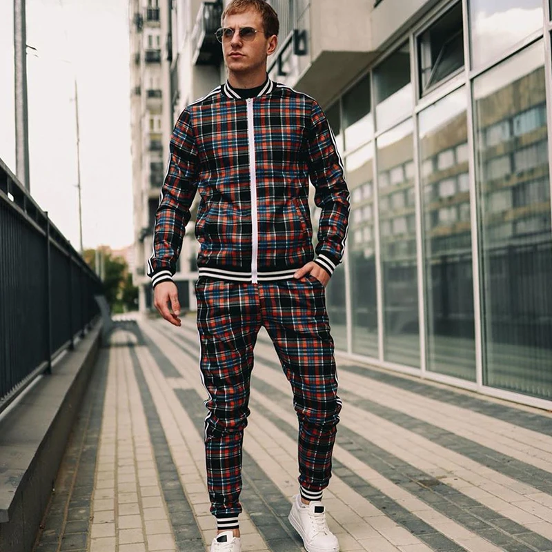 Men Tracksuit Mens set Fashion Jacket 2-piece set Sets Colorful Plaid Men  Casual Zipper Set Autumn Tracksuit Set Male Sweatshirt - AliExpress