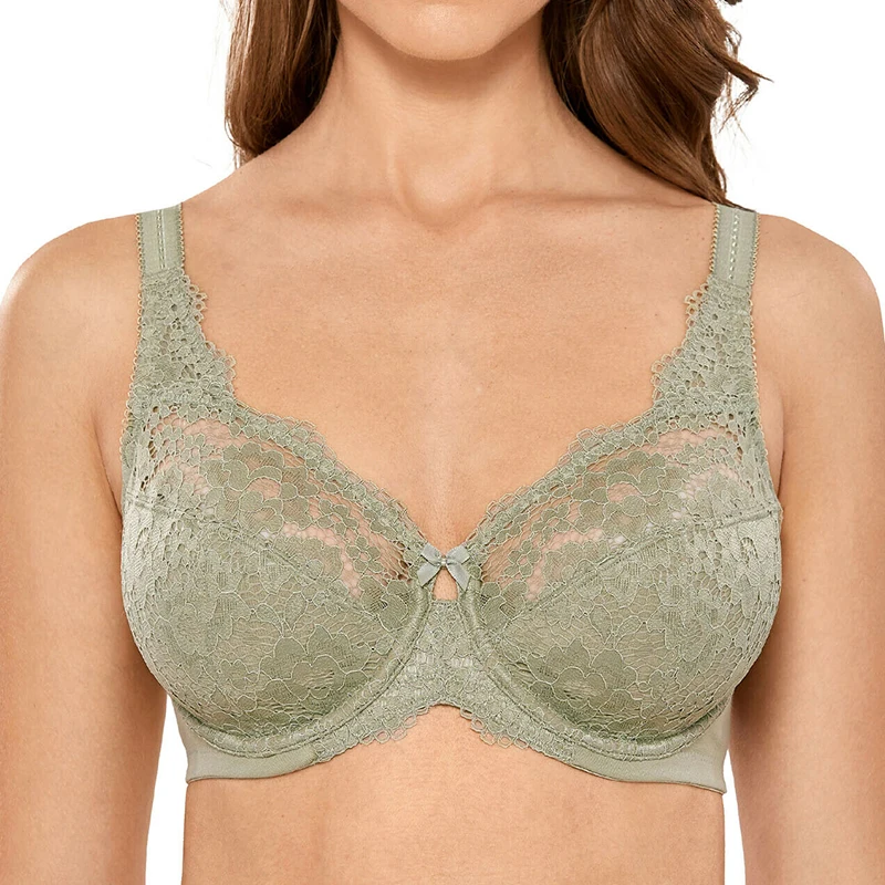 

Big Size Women's Full Coverage Unlined Bra Floral Sheer Lace Non-padded Underwire Lingerie 36 38 40 42 44 C D DD E F Olive Green