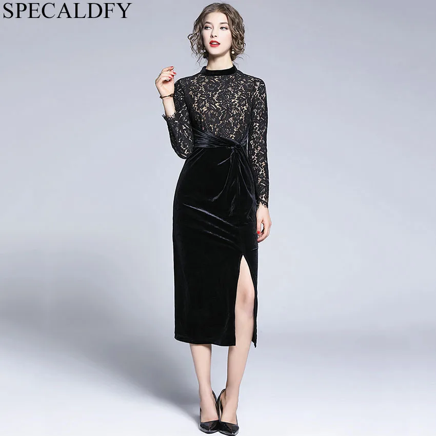 

2019 Autumn Winter Velvet Dress Women Sexy high Split Hollow Out Lace Evening Party Dresses Designer Runway Dresses Robe Femme