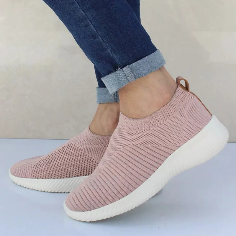 DAHOOD/женские кроссовки; эластичные тканевые носки; женская модная обувь из Вулканизированной Ткани; обувь без шнуровки на плоской подошве; женская повседневная обувь - Цвет: Розовый