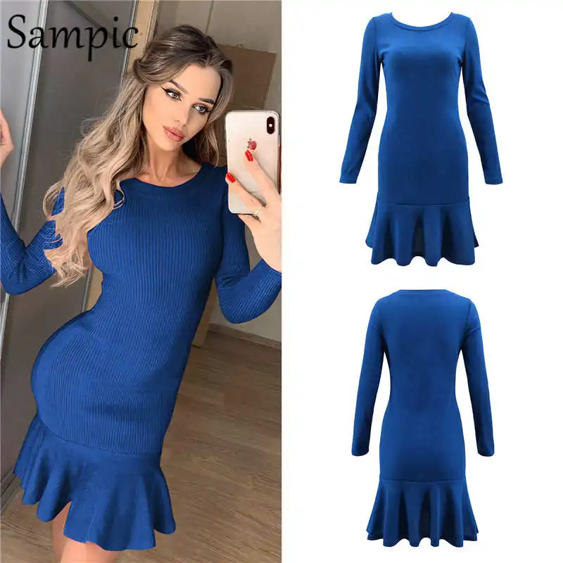 Blue Sampic женское облегающее Круглая горловина вечерние зимнее платье элегантный оборками обернуть клуб осеннее платье с длинными рукавами - Цвет: Blue