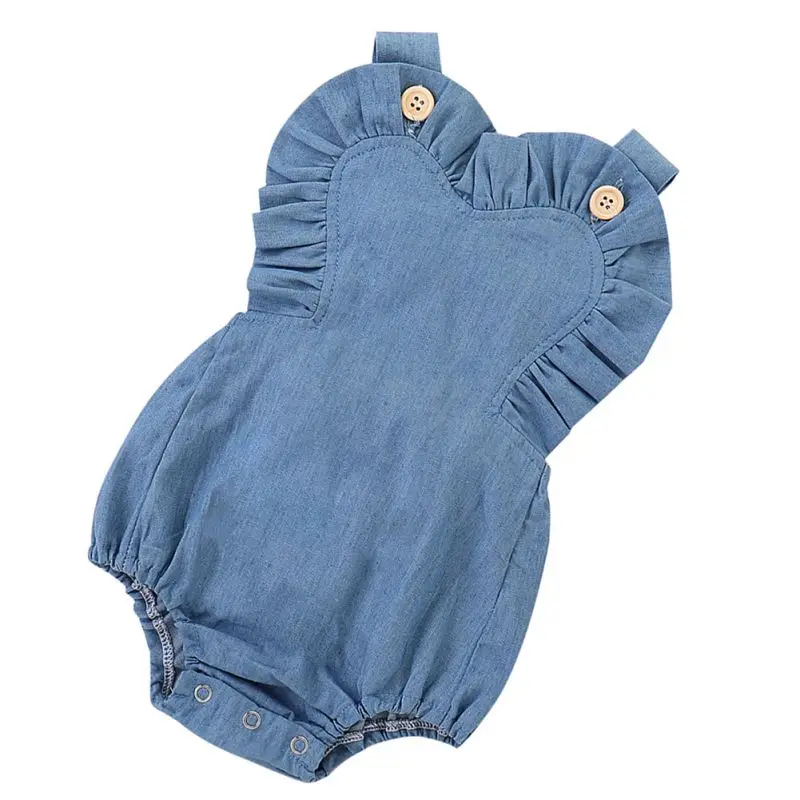 

Baby Romper Cotton Heart-shaped Ruffled Denim Romper Solid Sleeveless Infant Girls Boys Outfits New