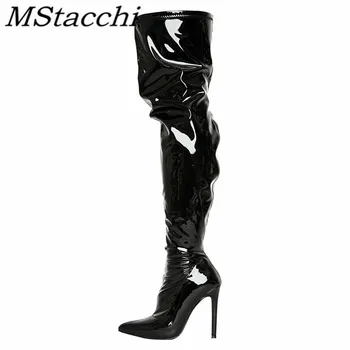 

Mstacchi Pleated Patent Leather Elasticity Women Boots 2020 Solid Color Sexy Pointed Concise Fashion Female Shoes Dames Laarzen