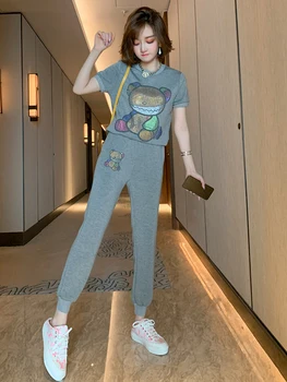 

Trendy round Neck Hot Drilling Bear T-shirt + High Waist Thread Beam Casual Pants Suit Women's Fashion Summer New Style