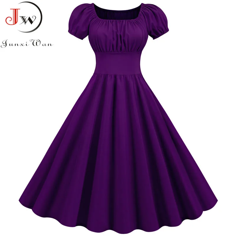 Women Vintage Dress Robe Femme Summer Puff Sleeve Square Collar Solid Red Color Elegant Party Plus Size Casual Office Midi Dress