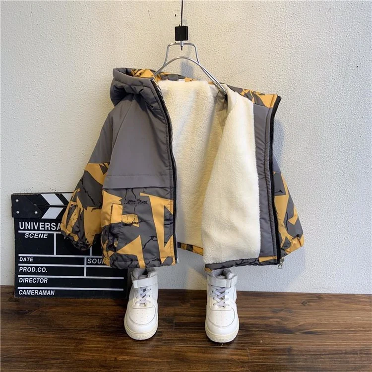 

Boys Windproof Thickened Cotton coat Clothes Plus Velvet Winter zipper Clothing Baby Patchwork Jackets Warm Camouflage Hooded