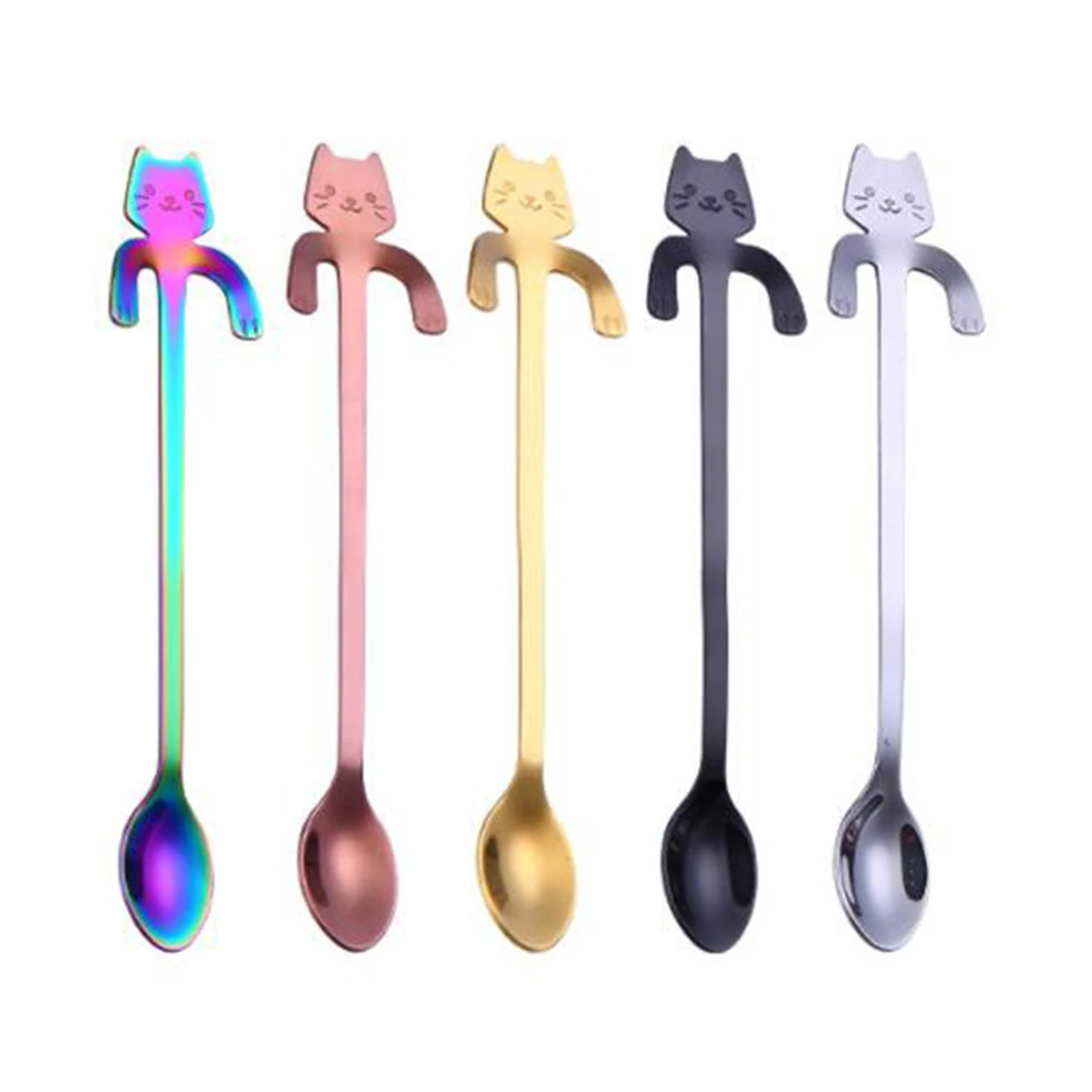 5 pcs 4 шт. мини-ложки из нержавеющей стали для кошки, котенка, кофе, чая, десерта, напитков, смешивания, ложка для молочного коктейля, набор посуды, кухонные принадлежности - Цвет: 5 pcs