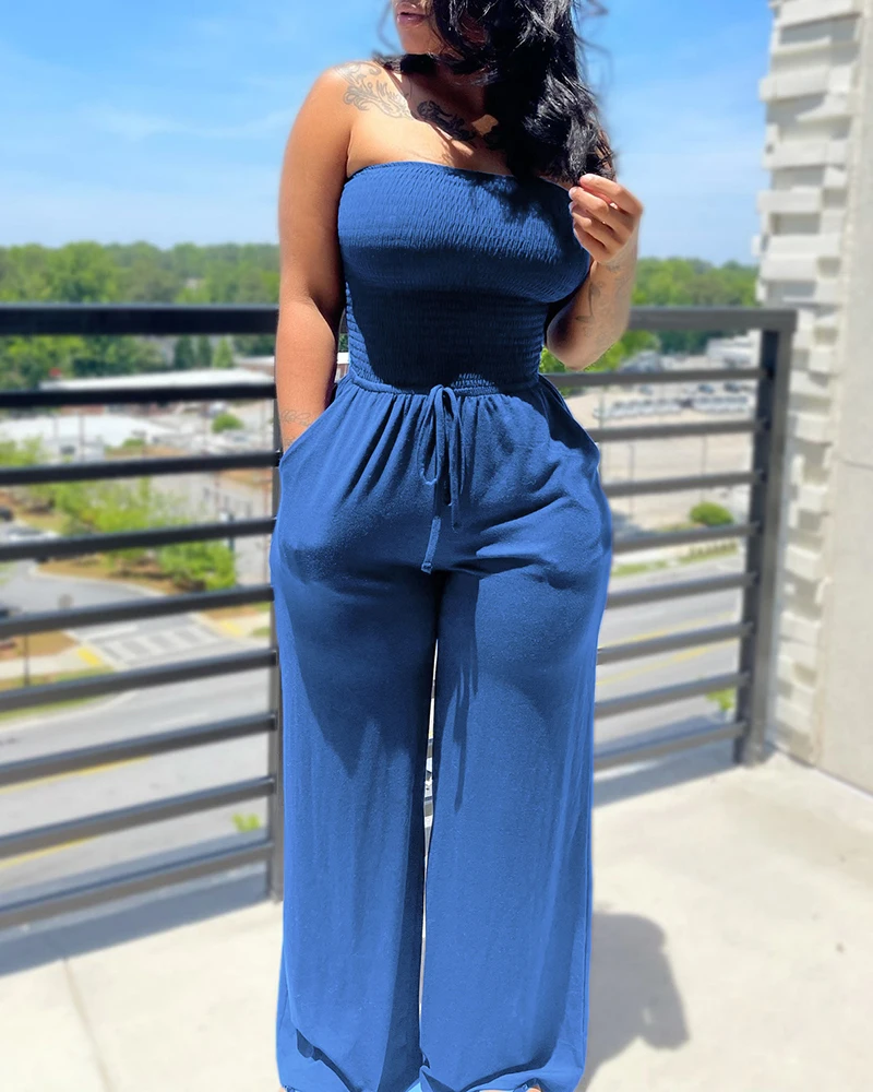 Ninimour Summer Women Plain Bandeau Shirred Pocket Design Jumpsuit 2023 Femme Solid Wide Leg Romper Lady Casual Traf Overalls