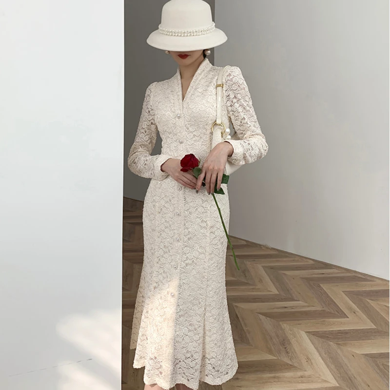 

Women Sexy Single Breasted Party Clud High Waist Lace Elegant V Neck Midi Dresses
