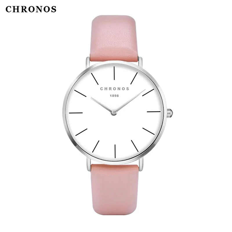 

Chronos Women Watch Simple Dial Fashion Sewing Side Leather Strap Minimalist Red Pink Ladies Quartz Wristwatch CH02