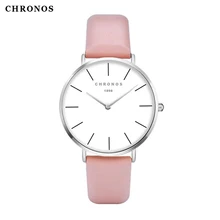Chronos Women Watch Simple Dial Fashion Sewing Side Leather Strap Minimalist Red Pink Ladies Quartz Wristwatch CH02