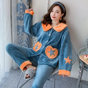 

Winter Thick Warm Flannel Pajamas Sets For Women Sleepwear Home Clothing Pajama Home Wear Pyjamas Set Coral fleece Home Clothes