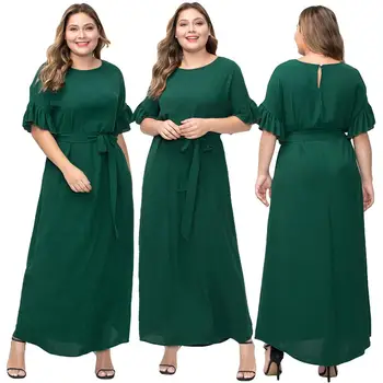

Plus Size Women Long Maxi Dress Vintage Party Cocktail Ruffle Short Sleeve Gown Muslim Islamic Green Robe Loose With Belt Casual