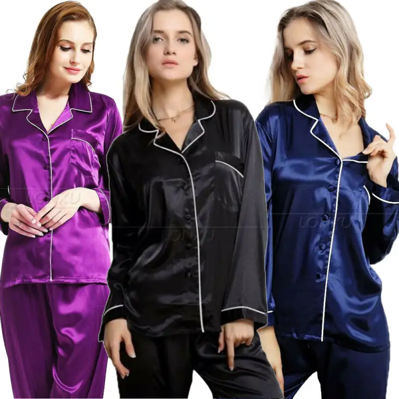 Stylish Autumn Women's Solid Pajamas Sets Button Long Sleeve Loose T-shirt Top and Silk-like Satin High-waist Long Pants S-XL