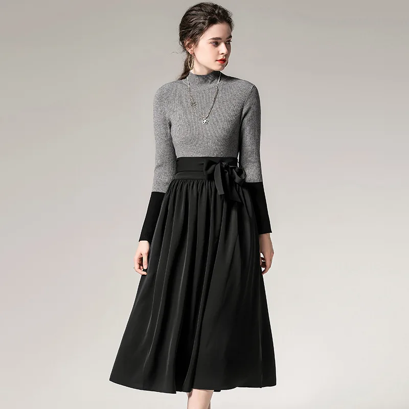 

Skirt Set Women Autumn Winter 2019 New Turtleneck Contrast Color Long sleeves Sweater + Solid A Line Midi Skirt Two Piece Set