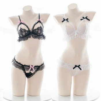 

Japanese Women Sexy Bra & Panties Set Lingerie Sets Girls Bows Triangle Cup Underwear Gathered Wireless Ultra-thin Intima