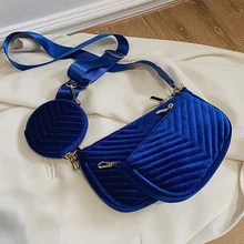 

3Pcs/Set Golden Velvet Shoulder Crossbody Messenger Bag for Women 2021 Small V Pattern Winter Casual Designer Purses Handbags