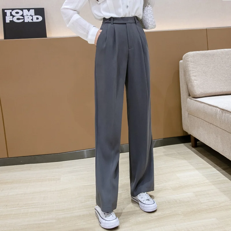 

Office Lady Pleated Wide Leg Pants Women Spring Summer Casual Button High Waist Gray Long Trousers Female Elegant Bottoms