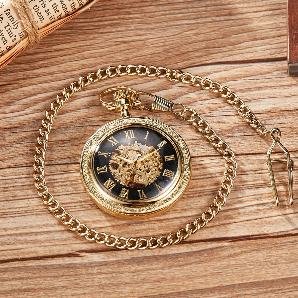 Classic Roman Mechanical Pocket Watches Mens Gold Skeleton Steampunk Pocket Watch Chains Fob Clips Clock for Men Gifts Relogio