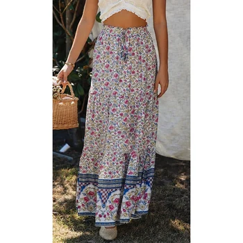 

High Waist Long Skirts Womens Boho A-line Full Skirt Floral Print Drawstring Lace-Up Maxi Clothes L Size White