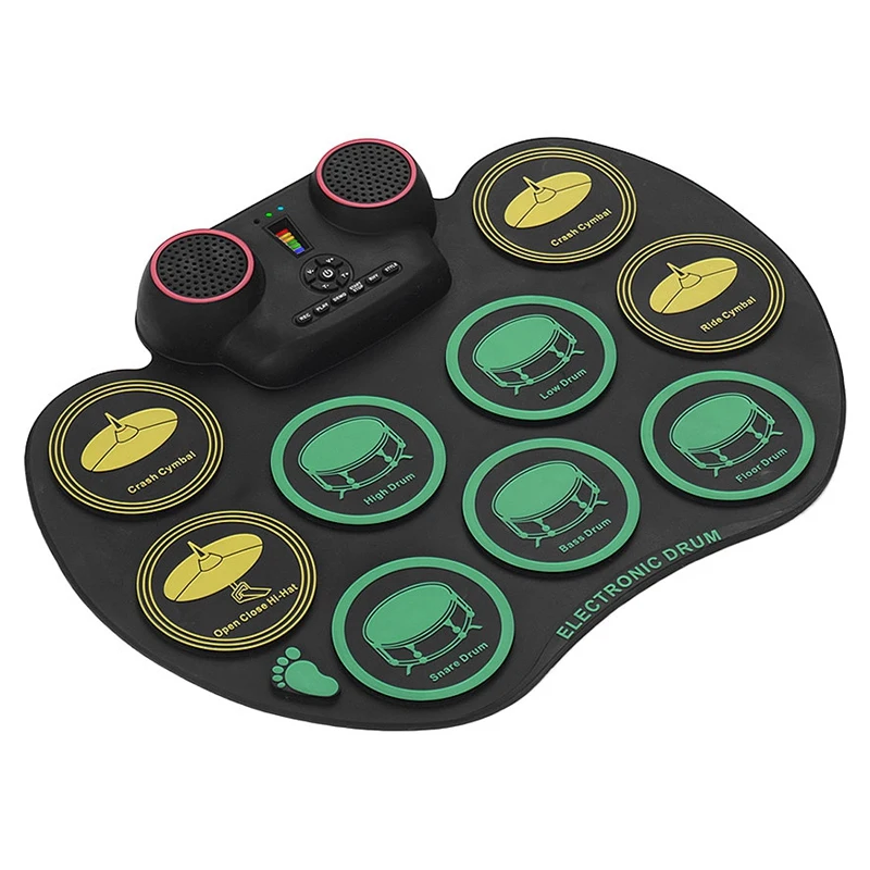 Digital Roll Up Drum Pad Silicone Electronic Drum Set Practice 10 Drumpads Built-In Double Speakers with Sticks and Foot Pedals