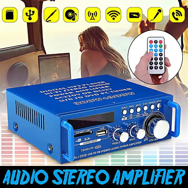  600W Audio Power Amplifier with EU Plug 12/220V 2 Channel Mini HIFI Wireless Bluetooth Digital Audi