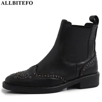 

ALLBITEFO hot sale genuine leather Metal rivet women boots Round toe ankle boots Autumn Winter Pure color fashion leather boots