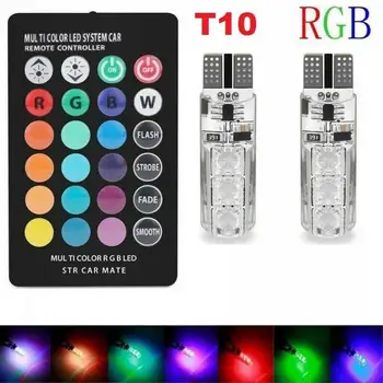 

2PCS RGB T10 W5W Led 194 168 W5W 5050 SMD Car Dome Reading Light Automobiles Wedge Lamp RGB LED Bulb With Remote Controller
