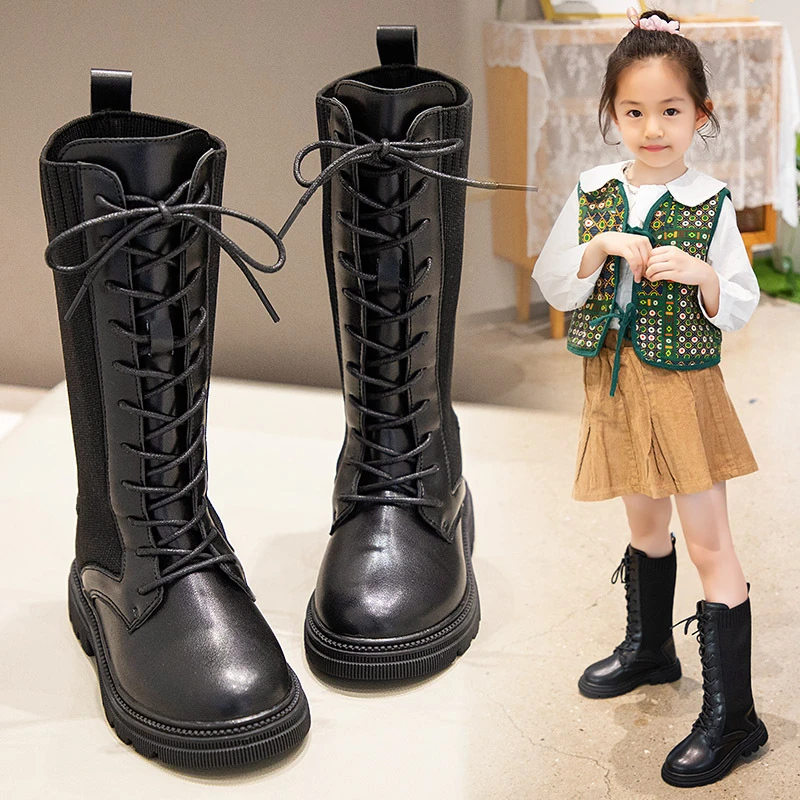 Botas largas clásicas niñas, botas altas de tejido de punto con cuero PU, botas de moto negras, novedad de otoño e invierno|Botas| - AliExpress