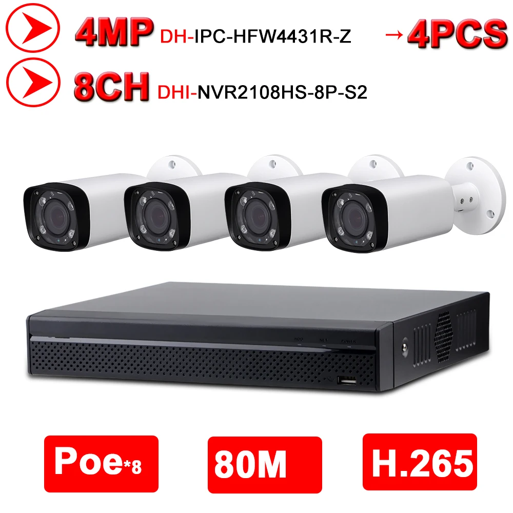 

Dahua 4MP 8+4 Security CCTV Camera Kits original NVR NVR2108HS-8P-S2 OEM IP Camera IPC-HFW4431R-Z Motor Zoom Surveillance System