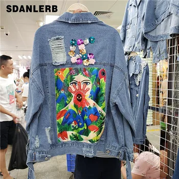 

Holes Denim Jacket Women's Loose Spring and Autumn Sequins Beaded Cartoon Denim Coat Chaqueta Mujer Jackets