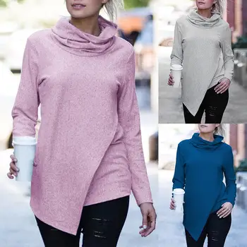 

Casual Women Solid Color Cowl Neck Long Sleeve Irregular Sweatshirt Pullover