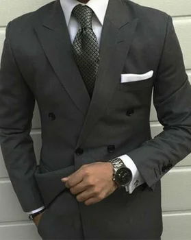 Tanie Szare Męskie Garnitury Klapa Zamknięta Bawełna Slim Fit Smokingi Formalna Bankietowa Kolacja Party Garnitur Dla Pana Młodego Mężczyzn