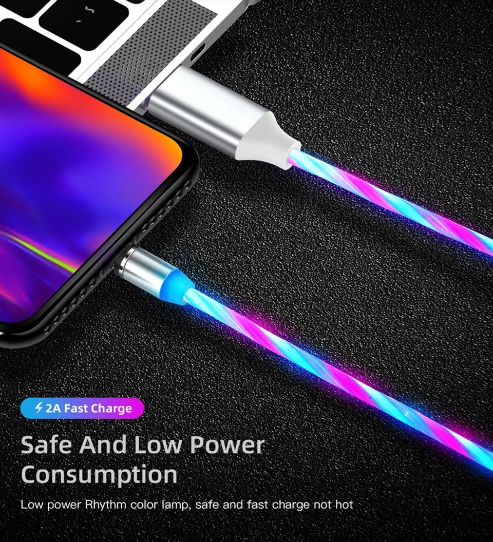 Magnetic Flowing Light LED Micro USB Cable For Samsung S10 S9 Type-c Charging Charge For iPhone 2M Magnet Charger Type C Cables