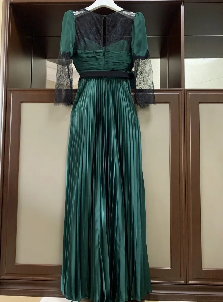 Осеннее Новое поступление элегантное темно-зеленое Плиссированное длинное платье с вырезом лодочкой и длинным рукавом женское вечернее платье высокого качества