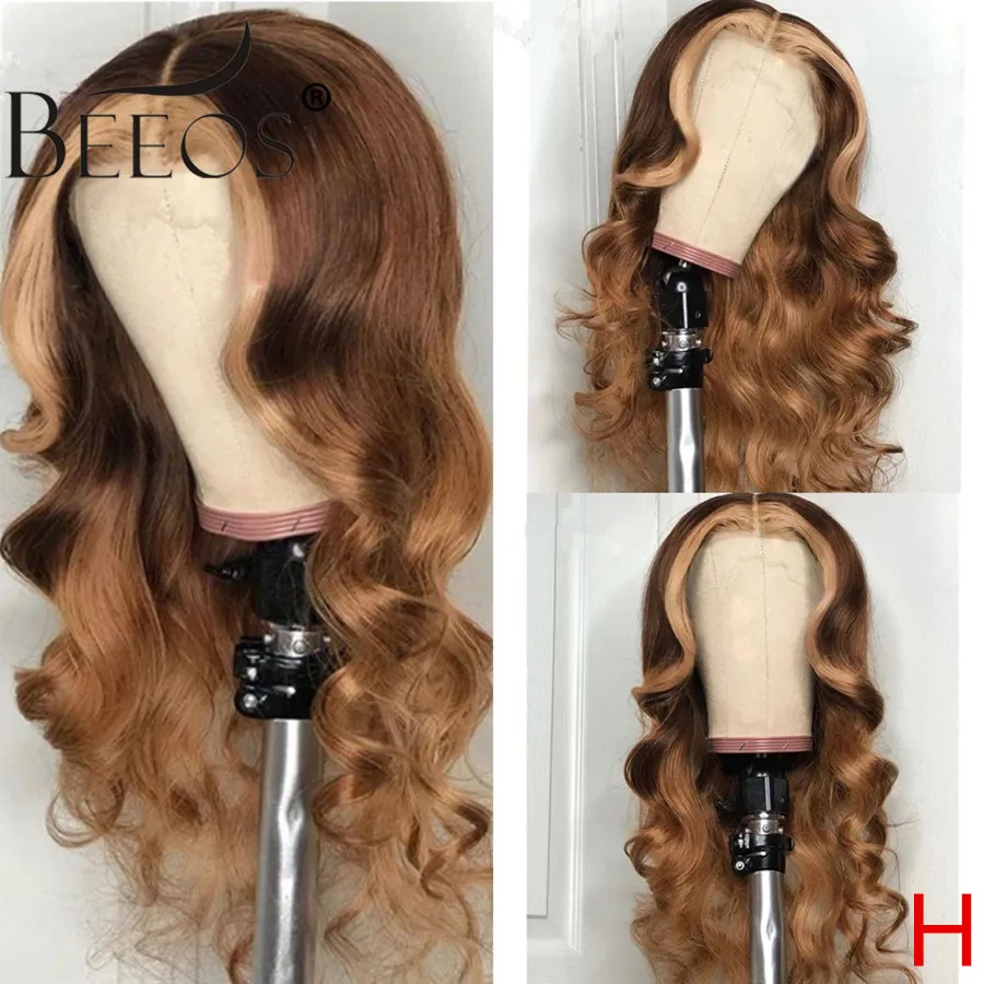 

Beeos 180% 13*6 Deep Part Lace Front Human Hair Wig Wavy Wave OmbreColor PrePlucked With Baby Hair Bleached Knots Brazilian Remy