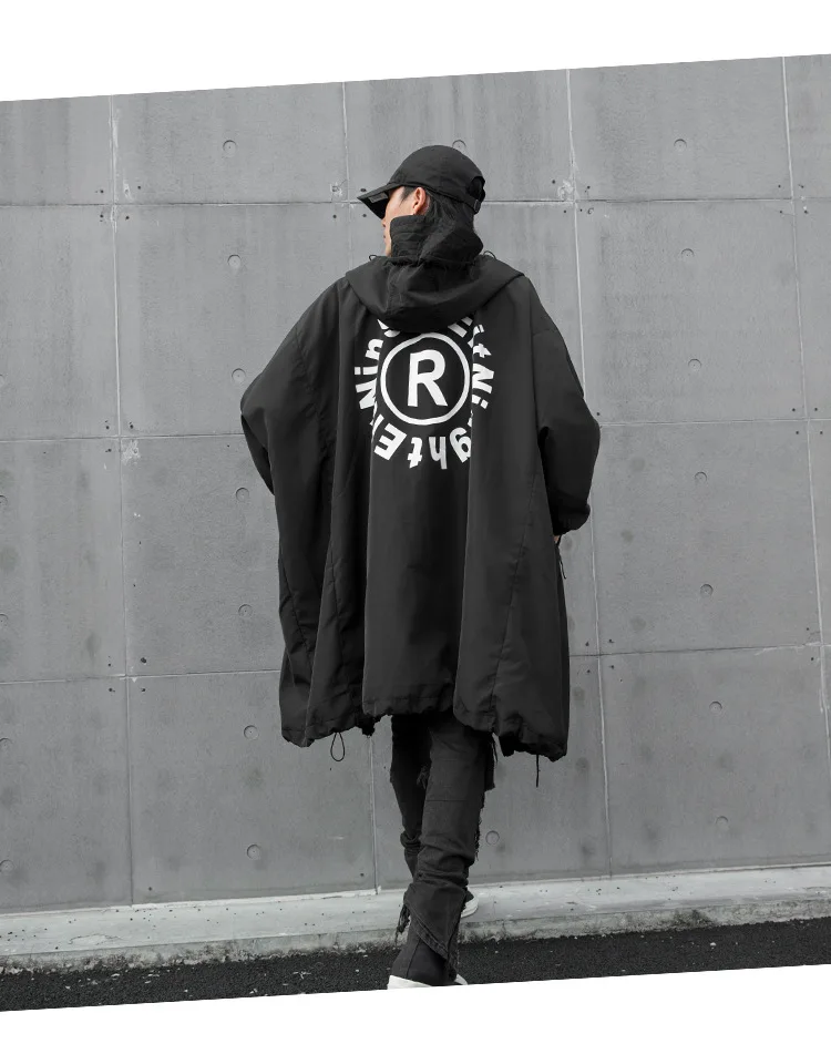 Мужской длинный стиль с капюшоном ветровка негабаритная Свободная куртка мужская женская уличная хип хоп Готический Черный Повседневный