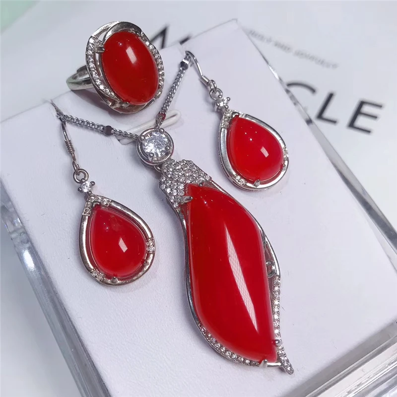Jadery 925 пробы Серебряное ожерелье/серьги/кольцо натуральный красный нефрит ювелирные наборы для женщин вечерние ювелирные изделия подарки bijoux femme