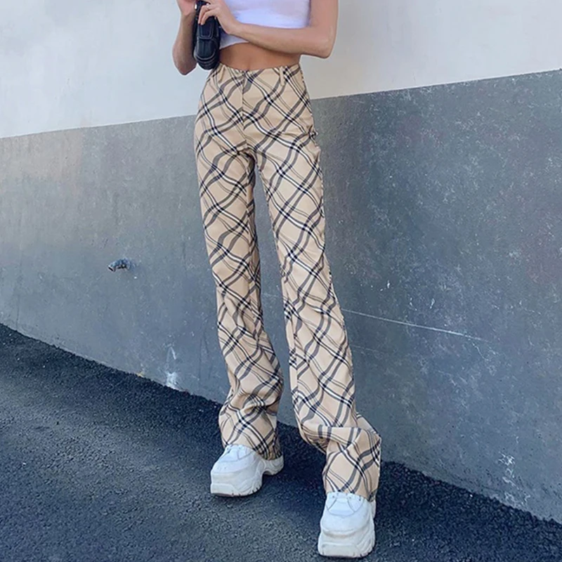 

Vintage Plaid Aesthetic Woman Pants 2020 Harajuku Fashion Stripe High Waisted Straight Long Trouser y2k Sweatpants Female Capris