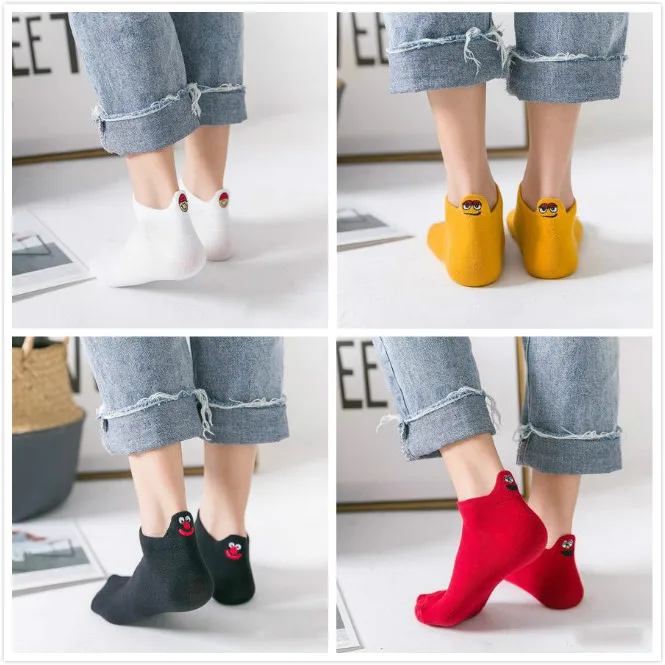 color 4 4 Pairs/lot Women Socks Kawaii Embroidered Expression Boat Socks Candy Color Cotton Breathable Ankle Socks Unisex Funny Socks - Цвет: color 4