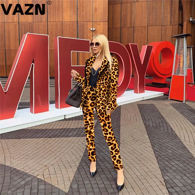 

VAZN BNY704 top design 2019 autumn sexy lady 3 colors long set open stitch topd long pants leoped suit set office lady chic sets