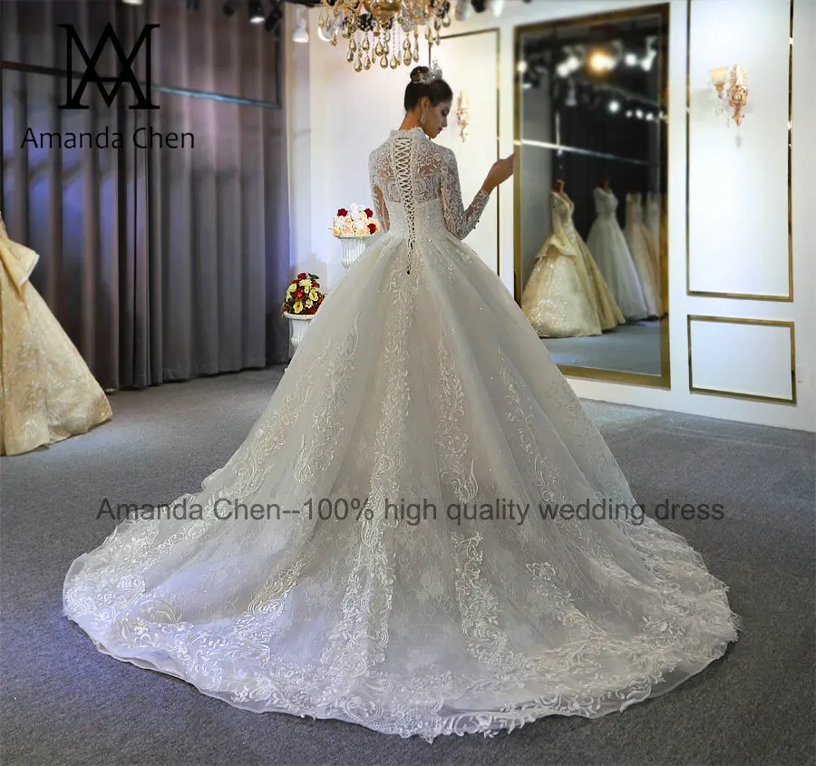 Платье для невесты, с высоким воротом, с кружевными аппликациями свадебное платье с длинным рукавом