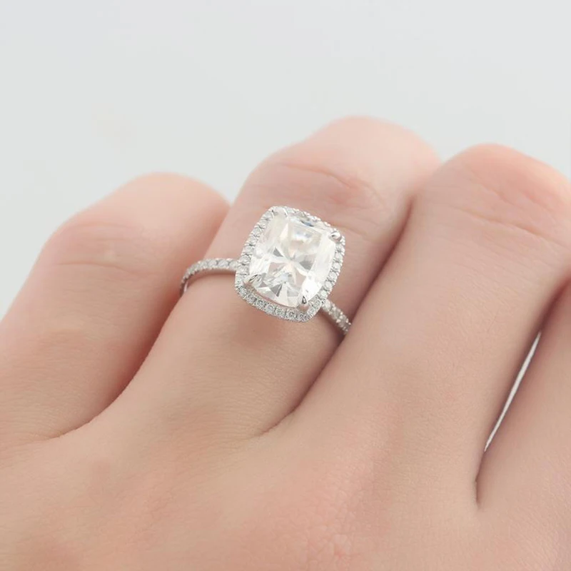Veryins классический 14 к белый золотой центр 4ct 8X10 мм FG цветная Подушка разрезанный муассанит обручальное кольцо с камнем для женщин свадебный подарок