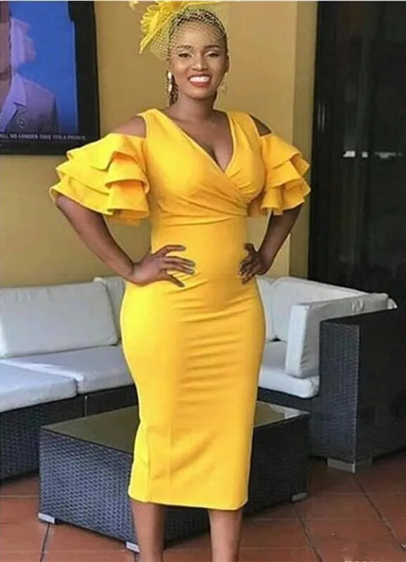 

Tea Length Yellow Cocktail Dresses 2020 Sheath Short Sleeves Formal Club Wear Homecoming Prom Party Gowns Plus Size Custom Made