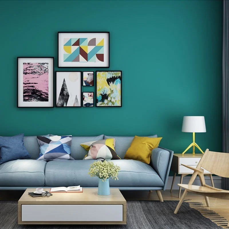 Peacock blue green pure pigment color Morandi waterproof non-woven wallpaper non self adhesive living room TV background wall