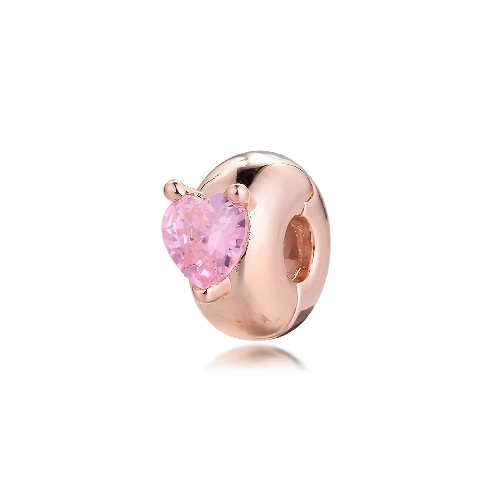 

Pink Heart Solitaire Clip 2021 New Collection Rose Gold Plated Jewelry Fits Original Beads Bracelets Woman DIY Beads