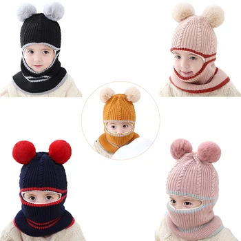 

2-5Y Kids Splicing Color Knitted Cap Pompom Ear Fleece Thickened Scarf Hat