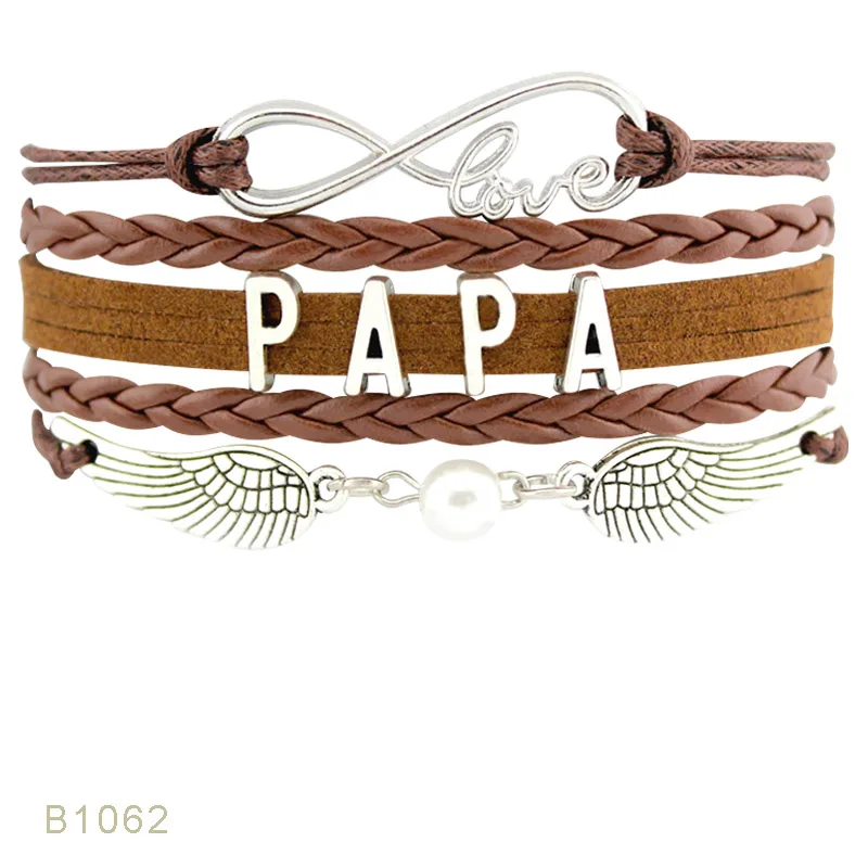 

Infinity Love Father's Day Gift Papa Dad Father Double Heart Angel Wings with Pearl Charm Leather Wrap Bracelets for Women